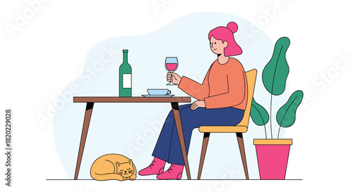 Relaxed woman with pink hair sips red wine at a table, accompanied by her sleeping cat and a houseplant.