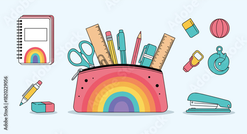 A colorful collection of school and office supplies, featuring a rainbow pencil case, notebook, and essential stationery items.