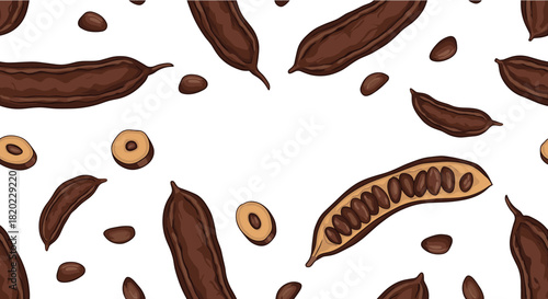 Carob pods and seeds, whole and opened, forming a seamless pattern on a white background.