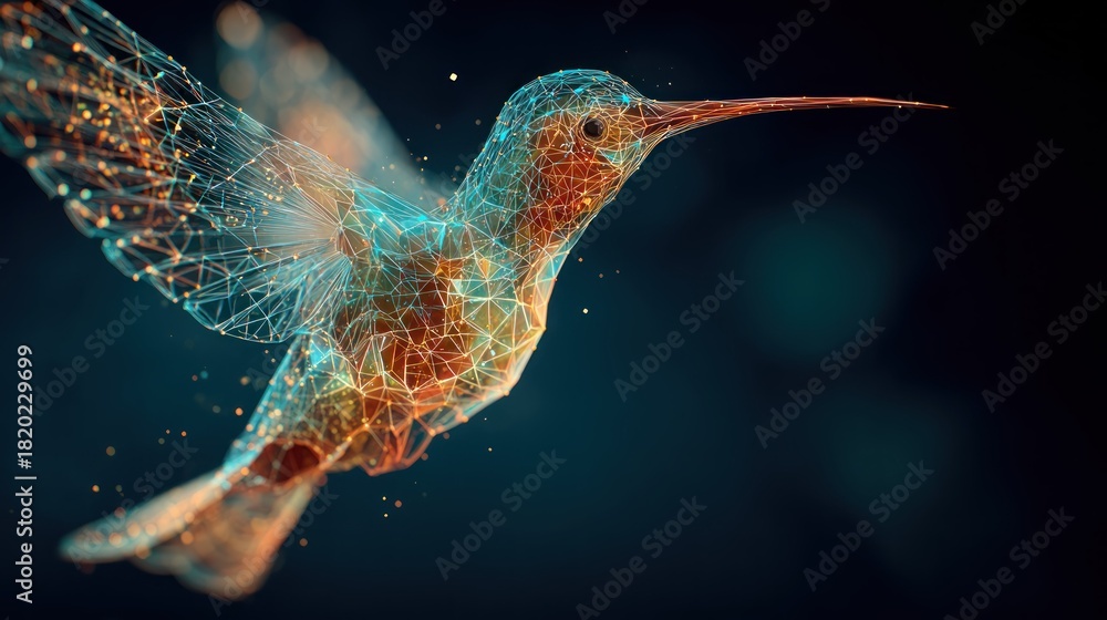 Obraz premium A hummingbird with a colorful, geometric pattern on its wings, flying against a dark blue background with a blurred, starry sky.