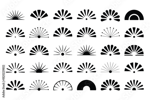 Grid of 30 Black Fan and Semi- Circular Decorative Shapes on White Background semi-circle