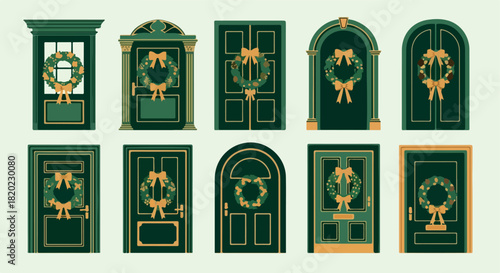 Holiday doors with wreaths and bows