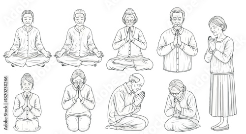 Elderly people praying in various poses