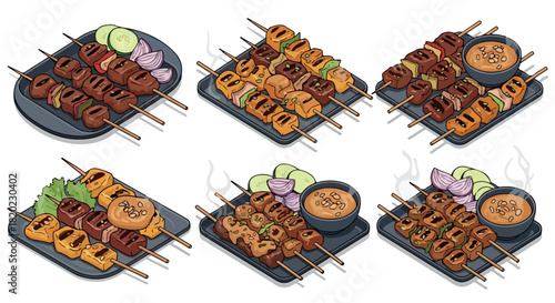 Grilled skewers with dipping sauce and fresh herbs