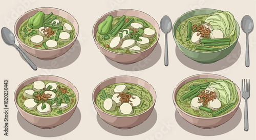 Asian soup bowls with ingredients and utensils