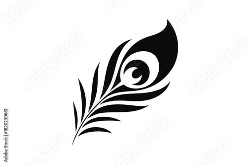 Stylized black peacock feather with intricate details on a white background quill plume