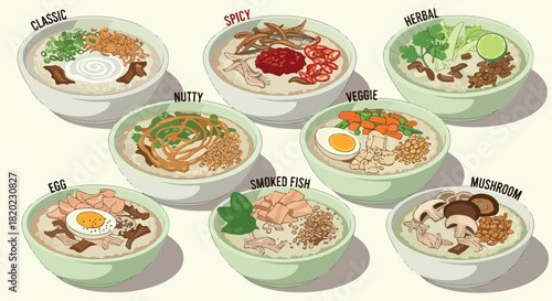 Various bowls of noodle soup with different toppings