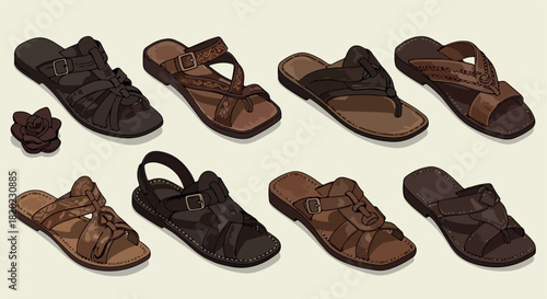Various leather sandals collection with transparent background