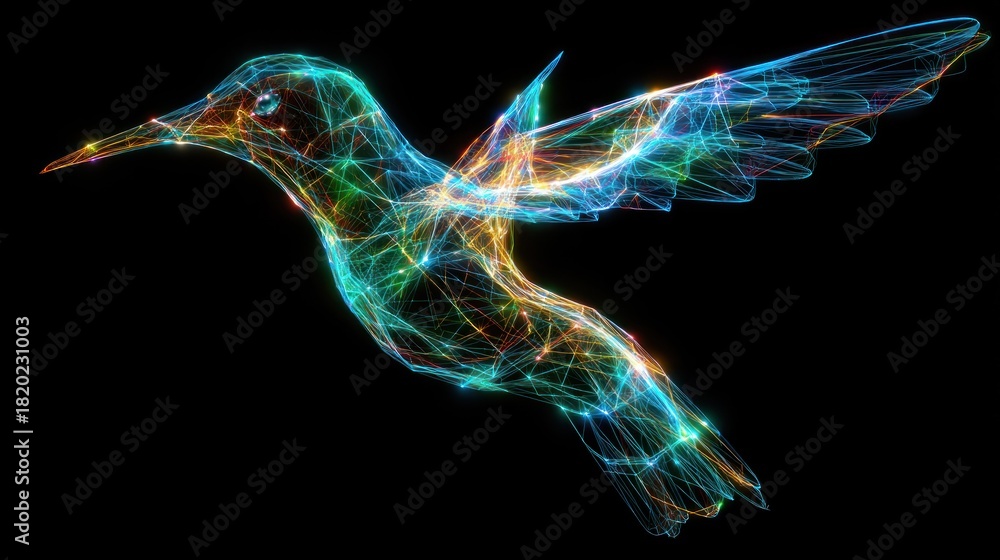 Obraz premium A colorful, abstract hummingbird with glowing lines and lights against a black background, featuring a mix of blue, green, orange, and yellow hues. 