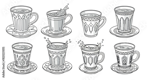 Cups of tea with saucers in various states