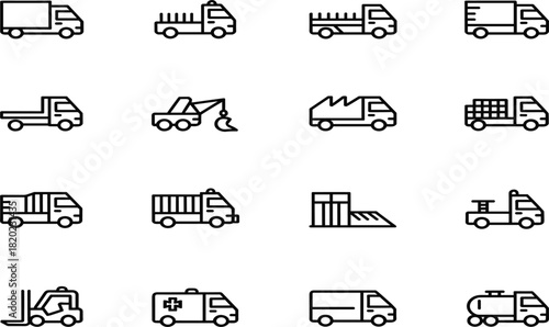 Truck and commercial vehicle line icons set, logistics, transport, delivery, construction, and emergency service graphic