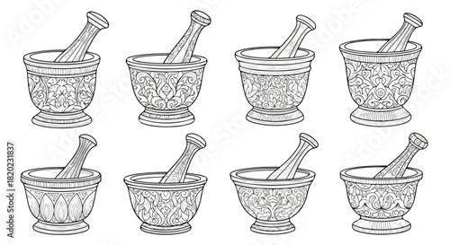 Mortar and pestle set with detailed carvings