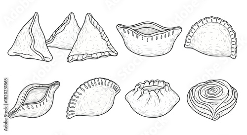 Assorted baked pastries and dumplings outline style