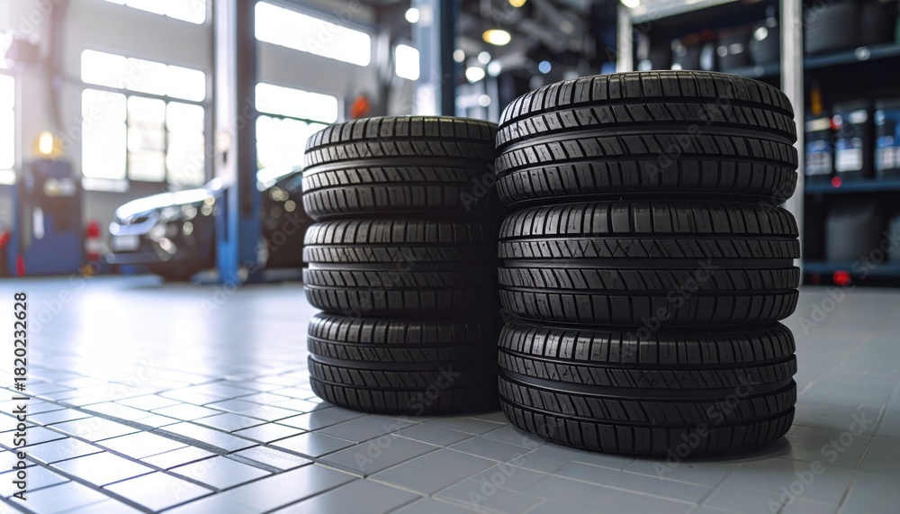 Obraz premium Two stacks of new black car tires on a tiled floor in a brightly lit automotive service garage, ready for vehicle installation or sale.