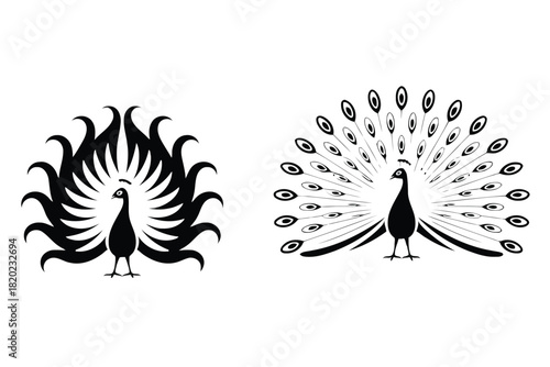 Two black silhouette peacocks displaying their elaborate tail feathers black and white