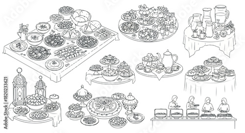 Middle Eastern feast table arrangement outline sketch
