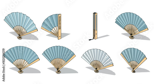 Folding fans in various stages with transparent background
