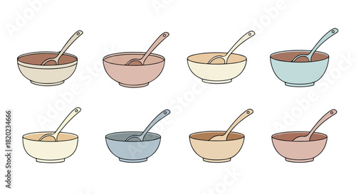 Bowls with spoons in pastel colors