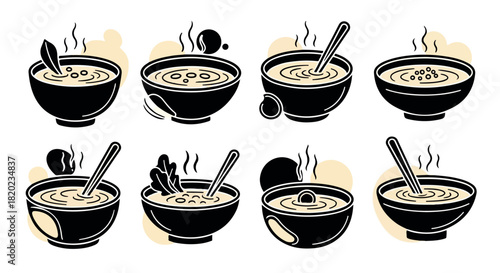 Soup bowls with various ingredients and steam