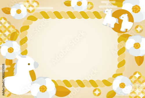 華やかでかわいい白椿と白馬の年賀状 しめ縄フレーム