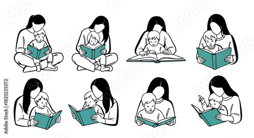 Mother reading book to child, various poses