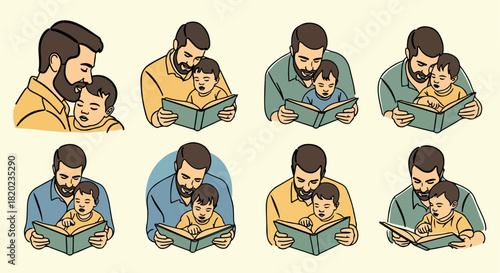 Father and son reading books together in various poses