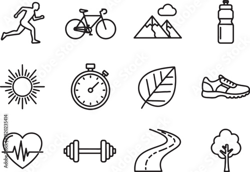 Outdoor Fitness Icons. Outdoor Exercise linear icon set: runner, bicycle, mountain, water bottle, sun, stopwatch, leaf, shoe, dumbbell, heart pulse, road, tree.