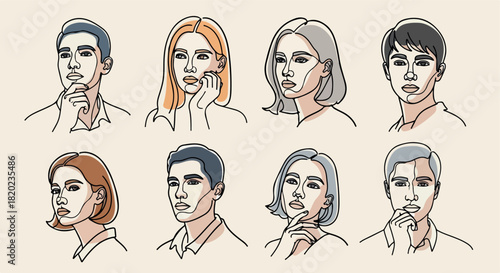 Contemplative faces of diverse people in outline style