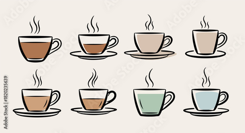 Steaming coffee cups set in various colors