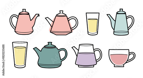 Teapots and glasses with tea, simple style