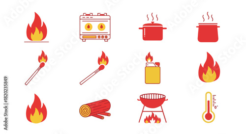 Fire icons set with cooking and heating elements