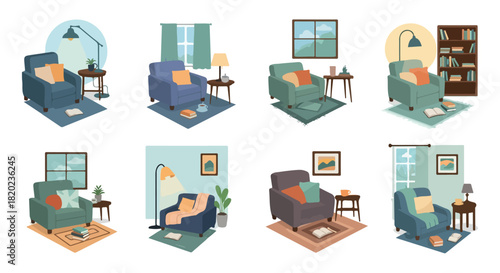 Cozy reading nook scenes with armchairs and lamps