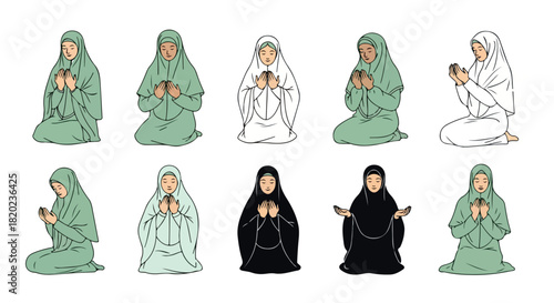 Praying women in hijabs with transparent background