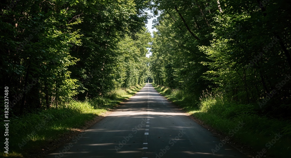 Fototapeta premium Road Through the Verdant Canopy: A picturesque road stretches into the distance, framed by a vibrant archway of lush green trees, creating a captivating scene of natural beauty and tranquility.