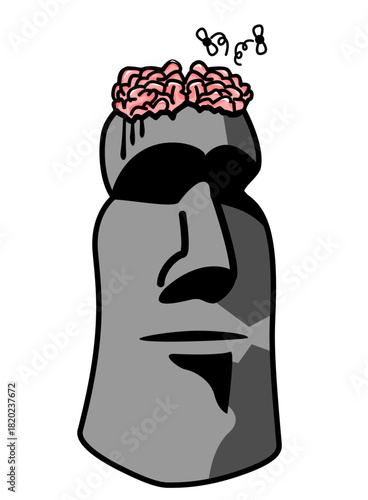 Illustration of a moai head with a destroyed brain