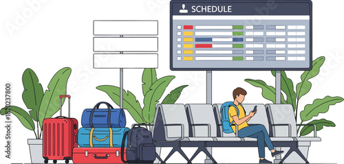 Traveler checks phone at busy airport lounge