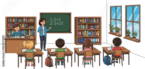 Teacher Giving a Math Lesson to Young Students in Classroom