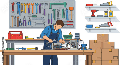 Skilled technician repairing machinery at a workbench