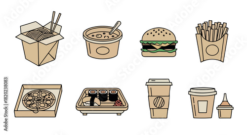 Takeout food icons set with transparent background