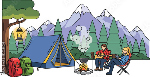 Couple Enjoys Nature Camping with Campfire and Music