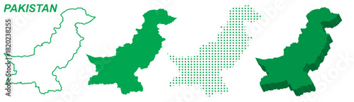 Pakistan Map Vector Set, South Asia Outline Silhouette Dotted 3D Solid Shapes, Country Infographic Template, Editable EPS Geography