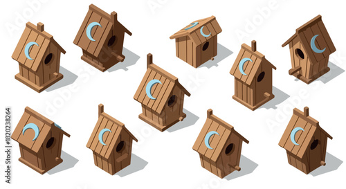 Wooden birdhouses with crescent moon decorations