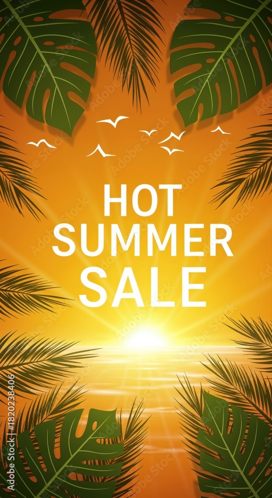 Obraz premium Golden Summer Sale: A captivating design announces a Hot Summer Sale, set against a backdrop of a radiant sunset, serene sea, and lush palm leaves, capturing the essence of a warm, inviting season.