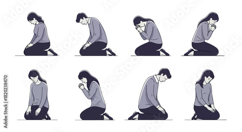 People praying kneeling down in various poses