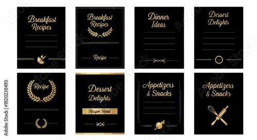 Recipe cards for breakfast, dinner, dessert, and appetizers