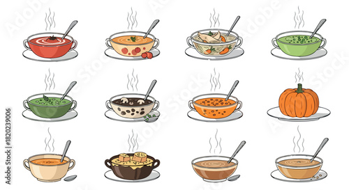 Various soups and pumpkin in bowls