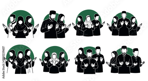Muslim people praying together in silhouette style