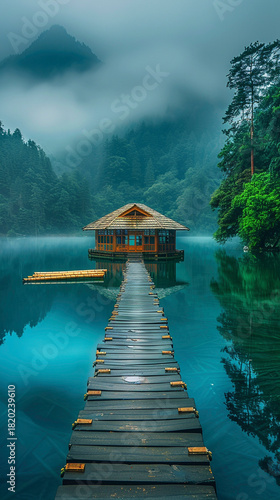 serene mountain lake at dawn with mist over crystal-clear waters