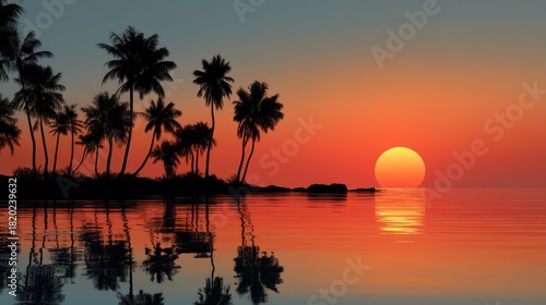 Fototapeta Naklejka Na Ścianę i Meble -  Silhouettes of palm trees and a large sun setting over the ocean, with a calm, reflective water surface.