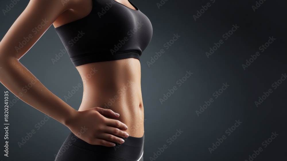 Fototapeta premium Female Abdomen Bending Forward Showing Natural Belly Fold in a Health-Focused Setting During an Indoor Activity